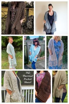 several pictures of different knitted sweaters and shawls, including one woman wearing a cardigan