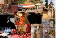 a collage of pictures with people and buildings in the background, including an old church