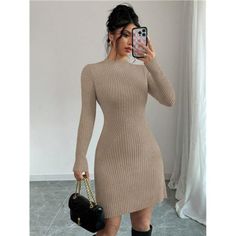 -Item Id 43863082 -Details: Rib-Knit -Neckline: Stand Collar -Sleeve Type: Regular Sleeve -Style: Casual -Waist Line: Natural -Hem Shaped: Pencil -Color: Camel -Pattern Type: Plain -Sleeve Length: Long Sleeve -Length: Short -Fit Type: Slim Fit -Fabric: High Stretch -Material: Fabric -Composition: 50% Viscose, 28% Polyester, 22% Polyamide -Care Instructions: Hand Wash Or Professional Dry Clean -Temperature: Spring/Fall (18-25/63-77) -Sheer: No **Open To Offers!!!** **Bundle To Save More** **30% O Light Beige Outfit, Bodycon Sweater, Bodycon Sweater Dress, Split Hem Dress, Dresses Ladies, Beige Outfit, Dress Women Elegant, Winter Color, Classy Chic