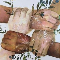 a painting of two hands holding each other with leaves and flowers on the top of them