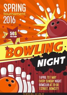 bowling night flyer template with orange and red background stock photo - 547982