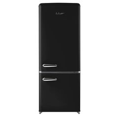 a black refrigerator freezer sitting on top of a white floor next to a wall