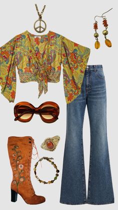 70s hippie inspired outfit #outfitinspo #vintage #hippie #70s #70shippie 70s Outfit Costume, Hippie Fancy Dress, 1950 1960 Fashion, Diy 70s Outfit Women, 70s Tie Dye Outfit, 70s Girl Outfit, Retro Outfits 70s Hippie, Hippy Aesthetic Outfit, 70s Street Fashion