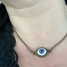 Antique Brass (Bronze Tone) Blue Evil Eye Pendant Is Attached To An Antique Brass Chain. Necklace Is 18" But I Can Shorten It To A Choker If You Would Like. Custom Made To Order And Will Look Similar To This. Handmade By Me Under My Brand Denique Vintage Designs. Halloween Necklace, Eyeball Jewelry, Evil Eye Pendant Eyeball Jewelry, Jewelry Evil Eye, Brass Chain Necklace, Halloween Necklace, Blue Evil Eye, Eye Pendant, Brass Necklace, Evil Eye Pendant, Brass Chain