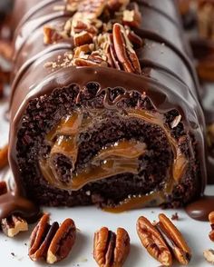 chocolate cake with pecans and caramel drizzled on top, surrounded by nuts