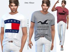 three male models wearing tommy t - shirts and white denims, all in different colors