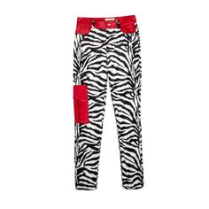 Zebra print pants with bags and waistbaind in red leather. 80% polyester - 20% leather - lining 100% polyester. Dry clean only Zebra Trousers, Fantasy Pants, Zebra Print Pants, Zebra Pants, Zebra Pant, Pants Large, Print Pants, Straight Leg Trousers, Printed Pants