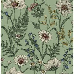 a green wallpaper with flowers and plants on it