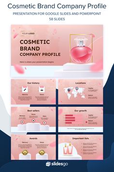 a pink and blue presentation slider with the title'cosmetic brand profile, company profile,