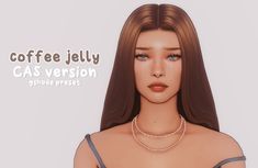 a woman with long brown hair and blue eyes is wearing a necklace that reads coffee jelly ca's version