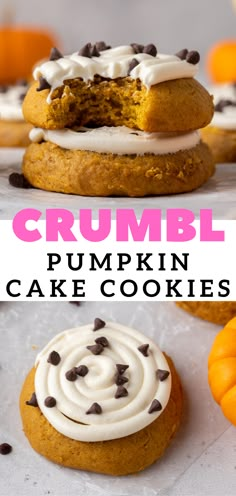 pumpkin cookies with white frosting and chocolate chips on top are shown in this collage