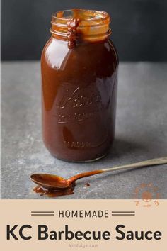 homemade barbecue sauce in a glass jar with a spoon on the side and text overlay reading homemade barbecue sauce