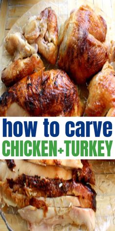 how to carve chicken and turkey on a glass platter with text overlay