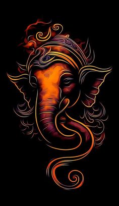 an elephant's head is painted in orange and red on a black background with swirls