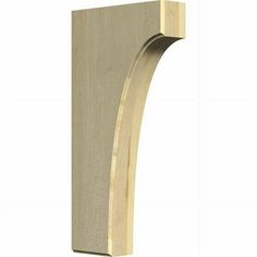 an unfinished wooden shelf bracket with a curved design on the front and back end, made from