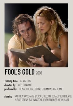 a man and woman reading a book together in front of a black background with the words fool's gold on it