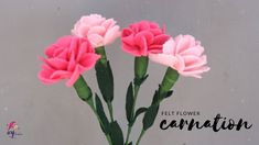 three pink carnations are in a vase with the words felt flower companion on it