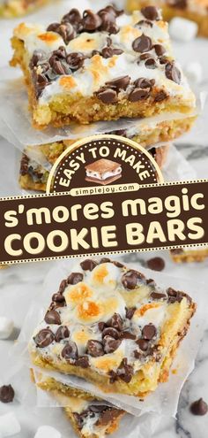 some kind of cookie bar with chocolate chips and marshmallows on top that says smore's magic cookie bars