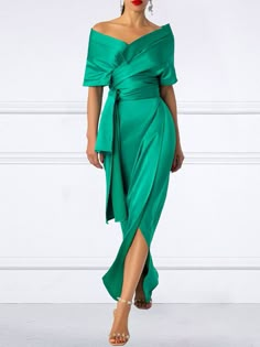 Plain Elegant V Neck Regular Fit Split Dress Wedding | stylewe Half Sleeve Wedding Dress, Buy Wedding Dress, Green Wrap, Groom Dresses, Mob Dresses, Half Sleeve Dresses, Maxi Dress Cocktail, Split Dress, Party Outfits