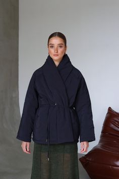 Navy Blue Quilted Jacket Kimono Jacket Winter Puffer Coat Down Jacket Wrap Coat Japanese Quilted Jacket Stand Collar Coat Womens Clothing Navy blue quilted coat of high-quality waterproof raincoat. A kimono jacket with a waist straps sewn into the side seam. Winter puffer jacket with pockets in the side seams. Wrap coat with warm high stand collar will keep you warm from the wind and cold on winter days. A stylish quilted winter down coat with a loose silhouette is a must have for this season. O Wrap Coat Outfit, Blue Quilted Jacket, Navy Puffer Jacket, Stand Collar Coat, Black Quilted Jacket, Winter Puffer Coat, Winter Puffer Jackets, Kimono Coat, Winter Puffer