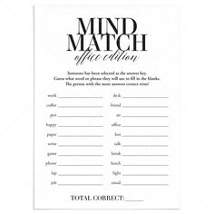 Office Party Game for Large Groups Mind Match Printable by LittleSizzle Whiteboard Games For Adults, Staff Games For Teachers, Work Games For Staff, Staff Meeting Games, Finish My Phrase Game, Fun Office Games, Games For Large Groups