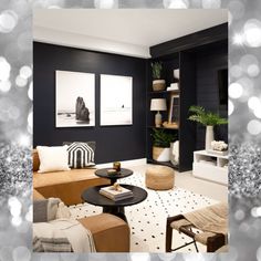 a living room with black walls and white carpeted flooring, two pictures on the wall