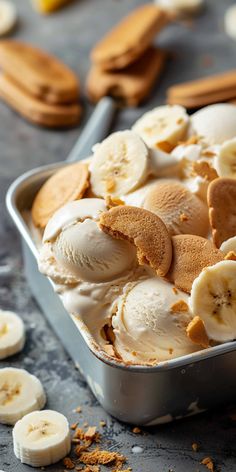 a pan filled with ice cream and sliced bananas