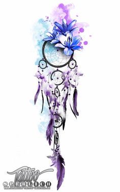 a drawing of a dream catcher with flowers on it's head and feathers hanging from the