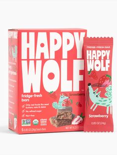 the happy wolf bar is next to it's box and its contents are red