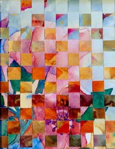 an abstract painting with squares and flowers on it