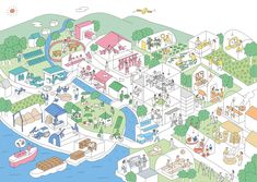 an illustrated map of a city with lots of buildings and people walking around the area