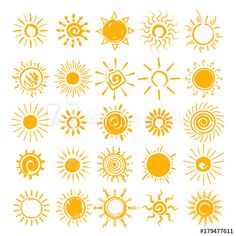 an orange and white poster with different types of suns on it's sides