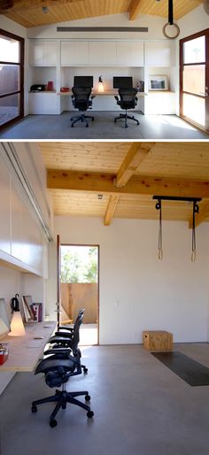 two pictures of an office with desks and chairs in the same room, one is empty