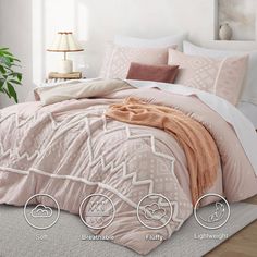 an image of a bedroom setting with comforters and pillows