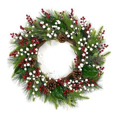 a christmas wreath with holly, berries and pine cones