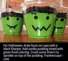 three green cups with faces drawn on them and dirt in the middle one cup says, food color vanilla pudding to green with oreo crumbs on top then sharpen