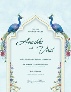 an ornate wedding card with peacocks and flowers on the front, in blue watercolor