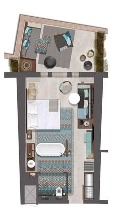 an overhead view of a bedroom and bathroom in a small apartment, with the floor plan