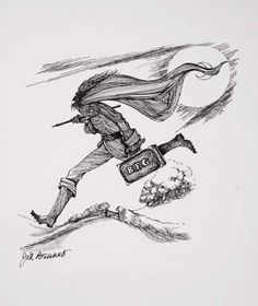 a black and white drawing of a woman with long hair running in the snow carrying a suitcase