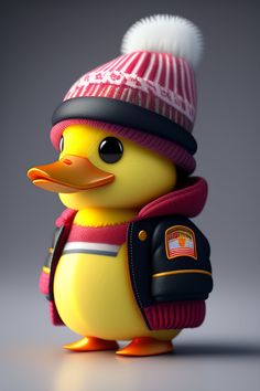 a rubber duck wearing a winter hat and scarf