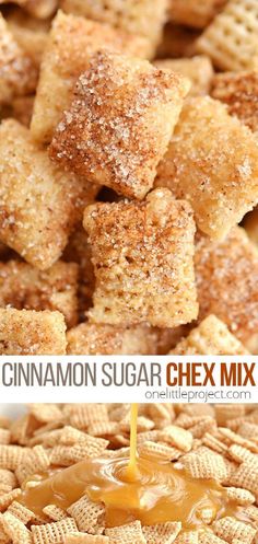 homemade cinnamon sugar chex mix is being poured into a bowl full of crackers