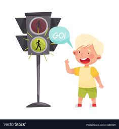 a little boy standing next to a traffic light with a thought bubble above his head