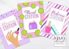 three cards with different types of nail polish and manicure station on them, one has a