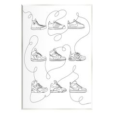 a poster with shoes drawn on it in black and white, including the shoelaces