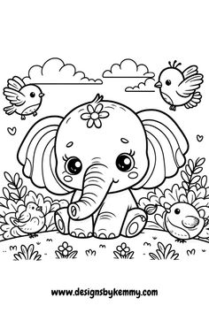 an elephant with flowers and birds in the background coloring pages for kids, printable