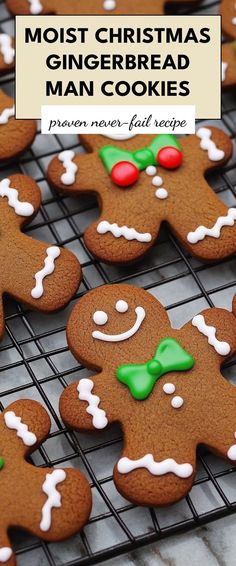 gingerbread cookies with white icing and green bows are on a cooling rack in front of the words, most christmas gingerbread man cookies