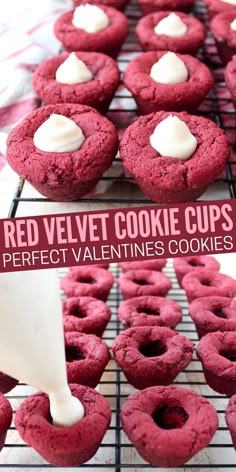 red velvet cookie cups with white frosting on top