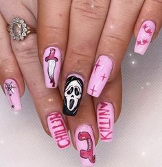 Girly Scream Nails, Ghost Face Nails Acrylic, Scream Nails Halloween, Scream Nails Acrylic