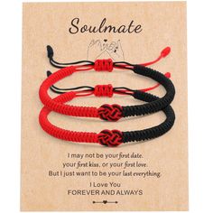 PRICES MAY VARY. 💟◤RED STRING COUPLE BRACELETS◢——Concentric knot element design, 2 bracelets matched to form a pair. Symbolizes happiness, luck and protection. It is the most meaningful Valentine's gift. 💟◤COUPLE GIFTS◢——A variety of colors to choose from, paired with "Soulmate" text blessing cards. You can give it to yourself, your boyfriend, your girlfriend, your wife, your husband, your good friends, your parents on Valentine's Day, Christmas, birthdays, and anniversaries. 💟◤GOOD WISHED IM Red And Black Bracelets, Couple Boyfriend, Beautiful Meaning, Cute Origami, Element Design, Red String, Knot Design, Red Bracelets, Couple Bracelets