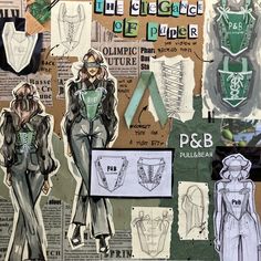 an altered collage of clothing and other items in green, brown, black and white